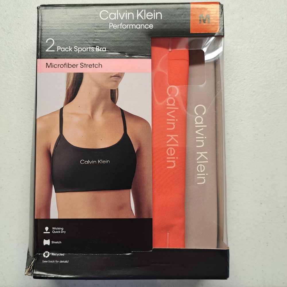 Calvin Klein Sport Bra M Orange Tan NWT 2 Pack Performance Microfiber 1957-343